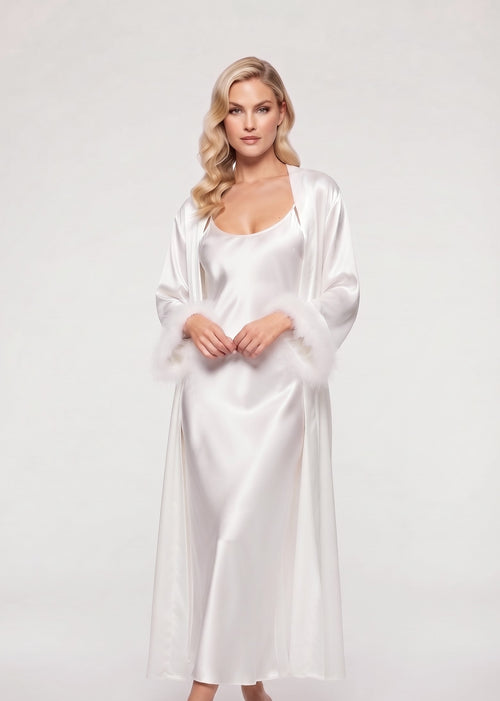 2 Piece Long Satin Robe With Fur
