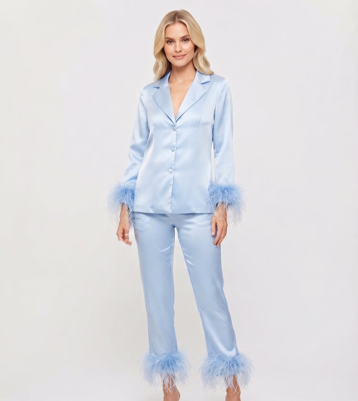 2 Piece Satin Set with Feather-Trimmed Top & Pants
