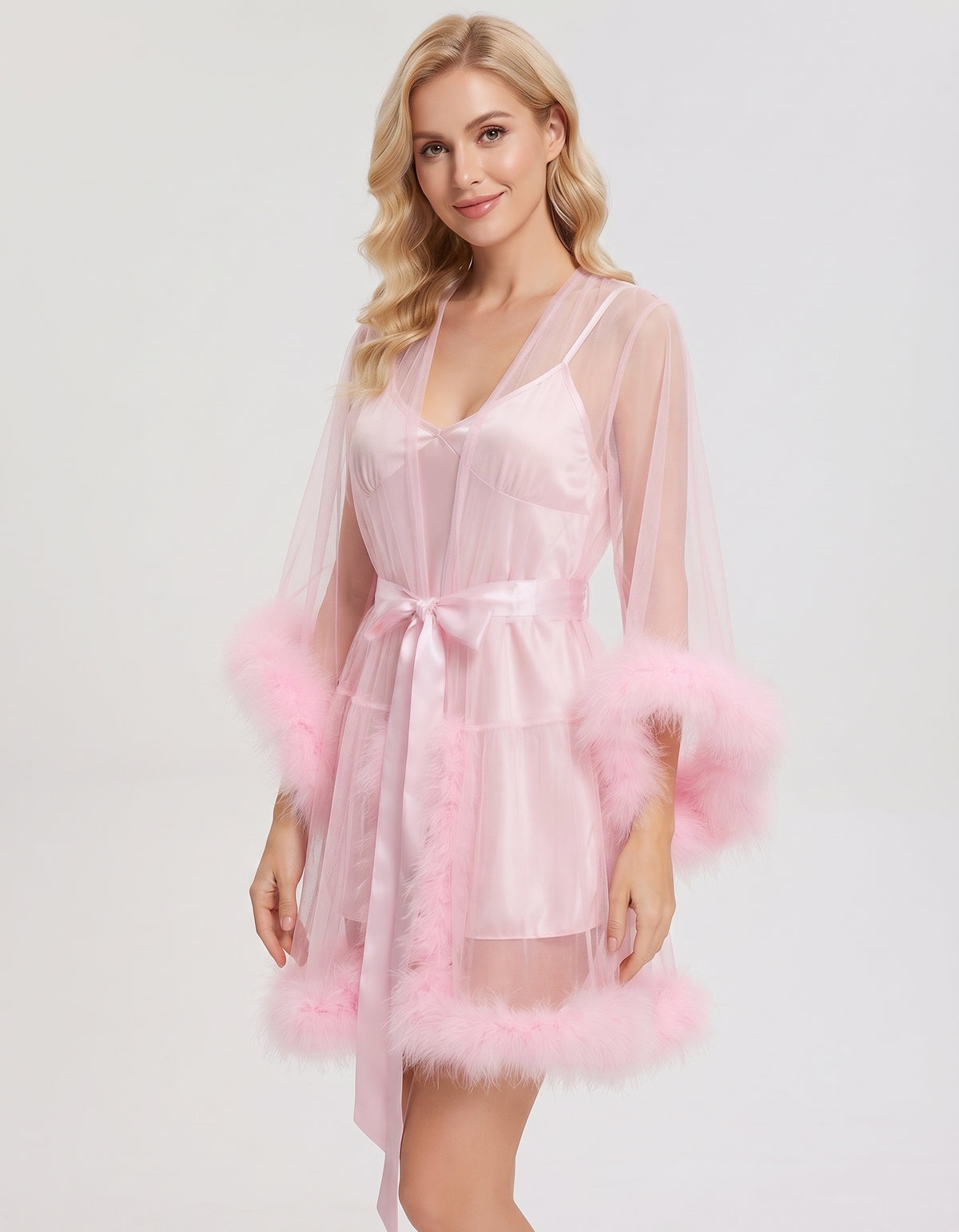 Sheer Short Robe with Fur Trim