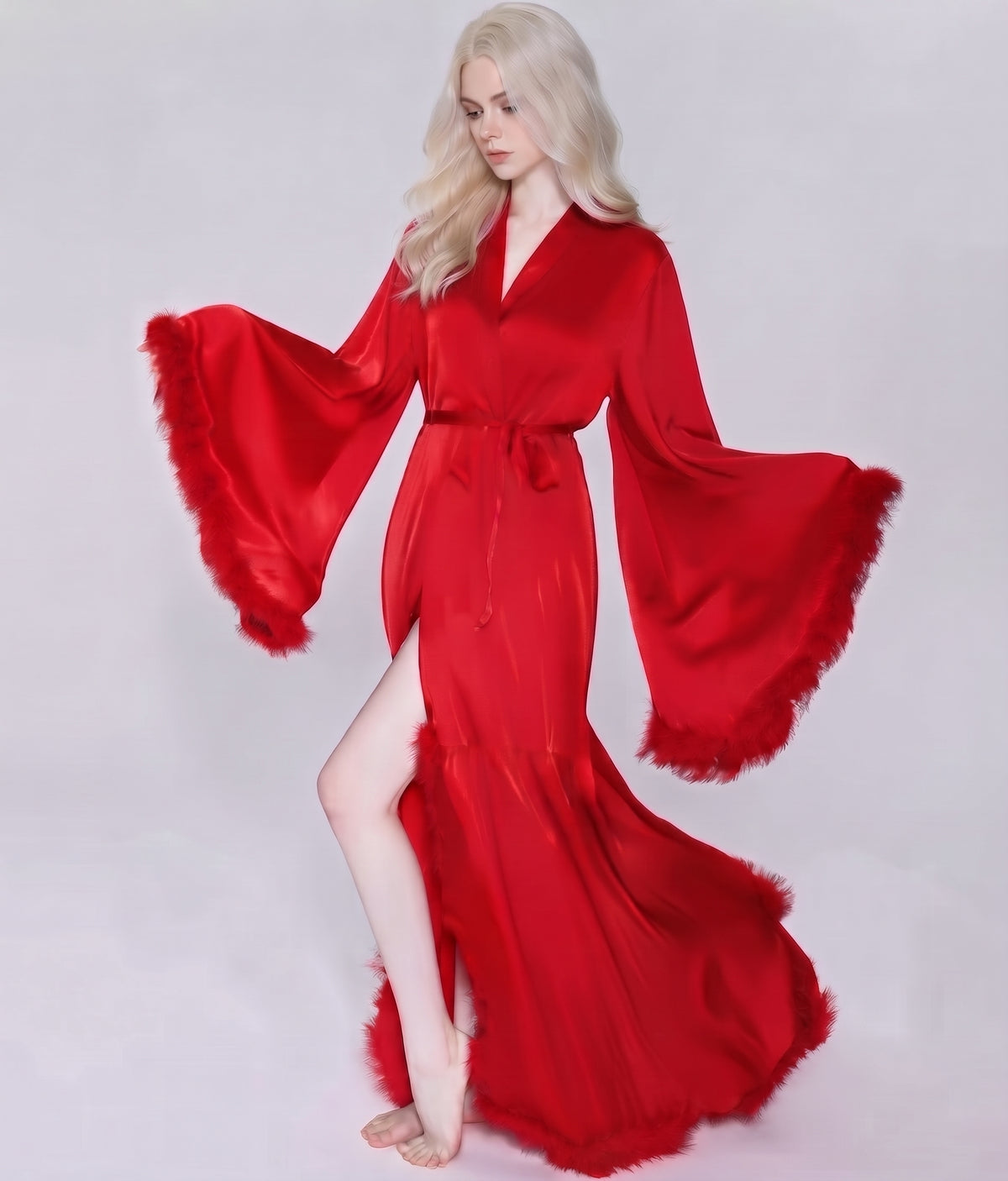 Satin Loungewear Robe with Fur Trim and Flared Sleeves