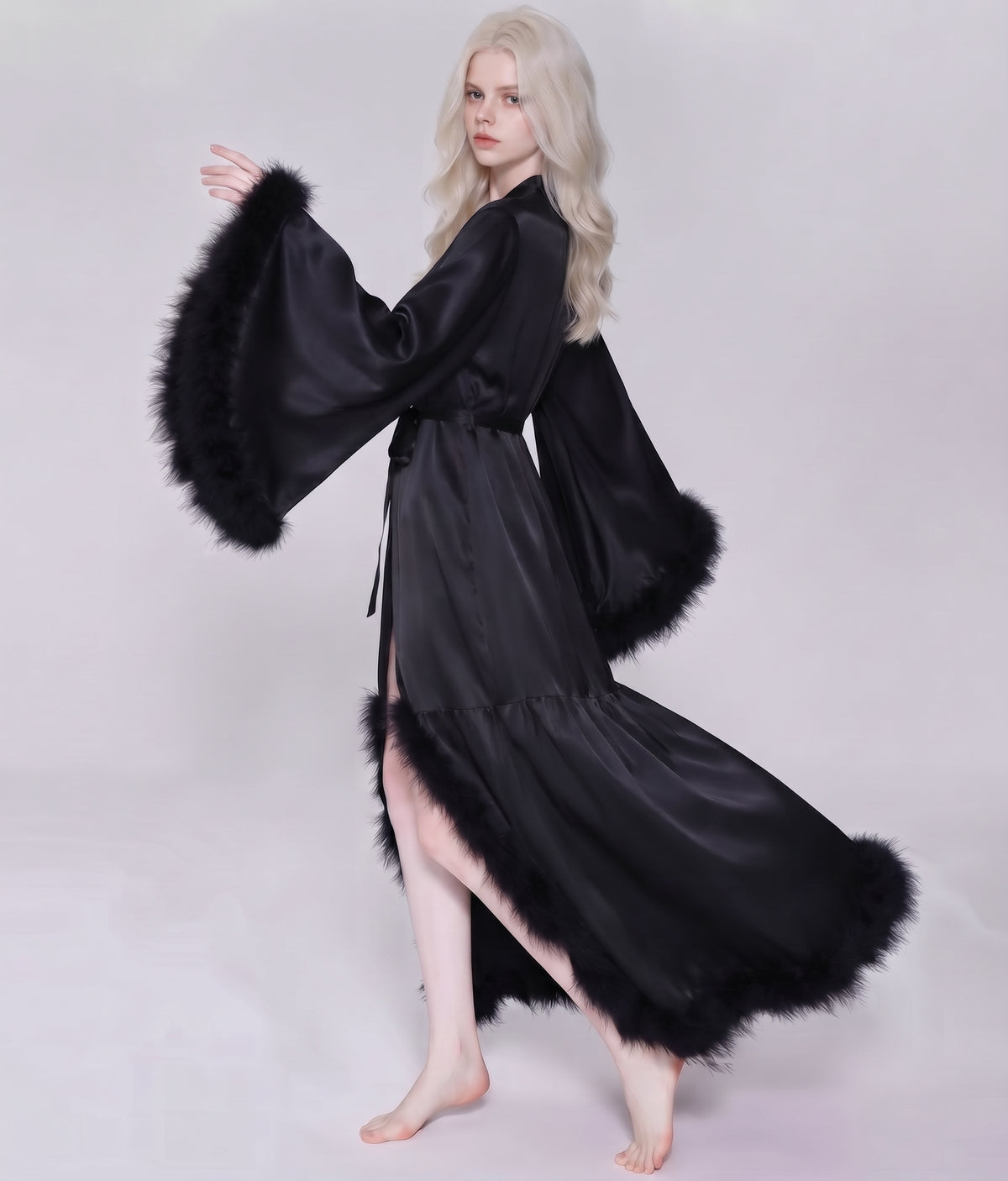 Satin Loungewear Robe with Fur Trim and Flared Sleeves