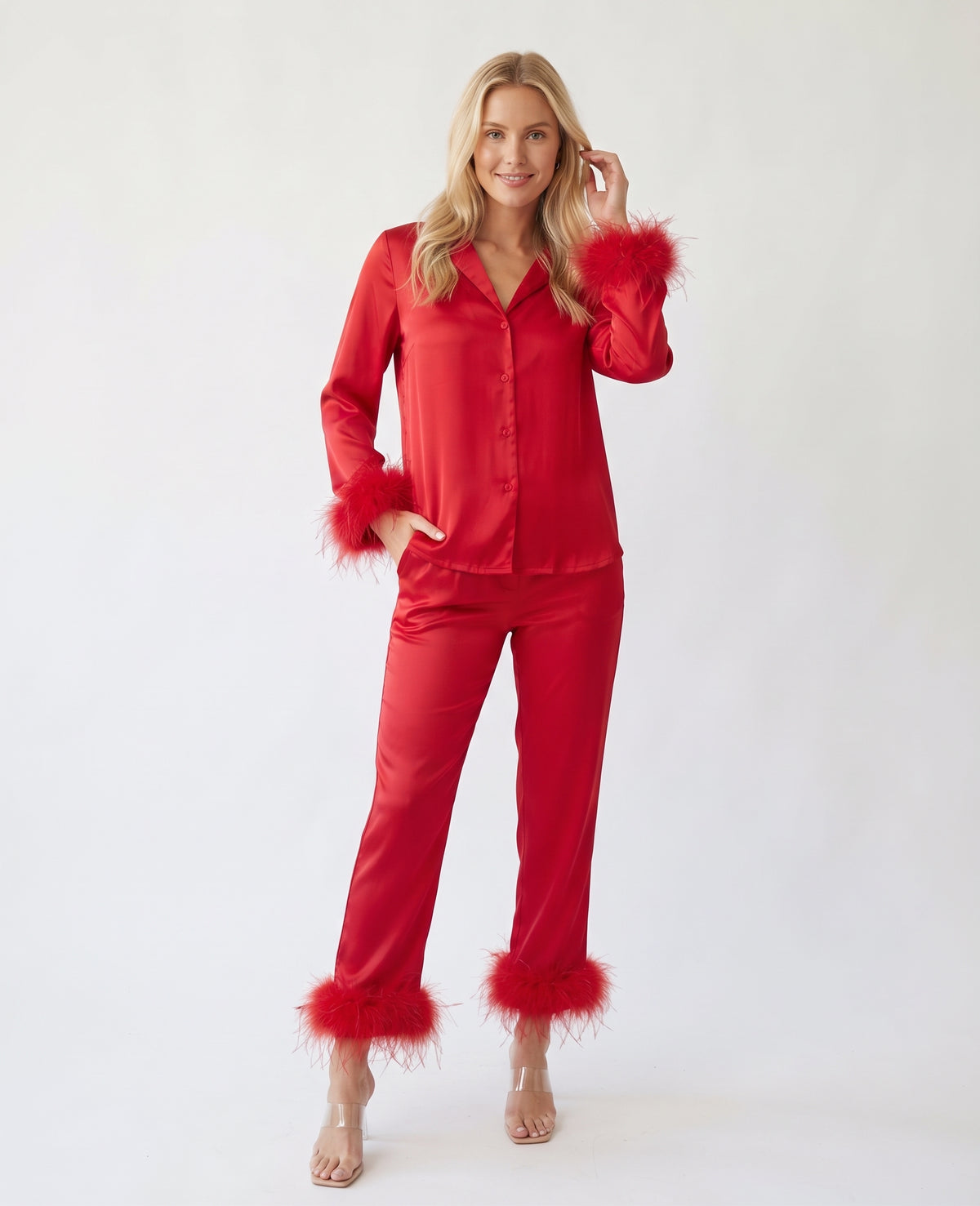 2 Piece Satin Set with Feather-Trimmed Top & Pants