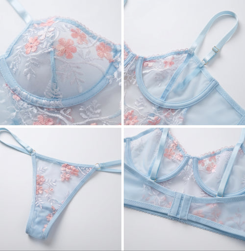 2 Piece Floral Embroidered Lace Lingerie Set for Women – Sheer Bra & Panty
