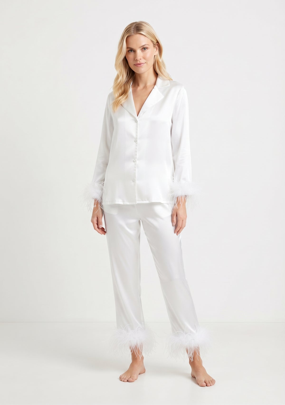2 Piece Satin Set with Feather-Trimmed Top & Pants