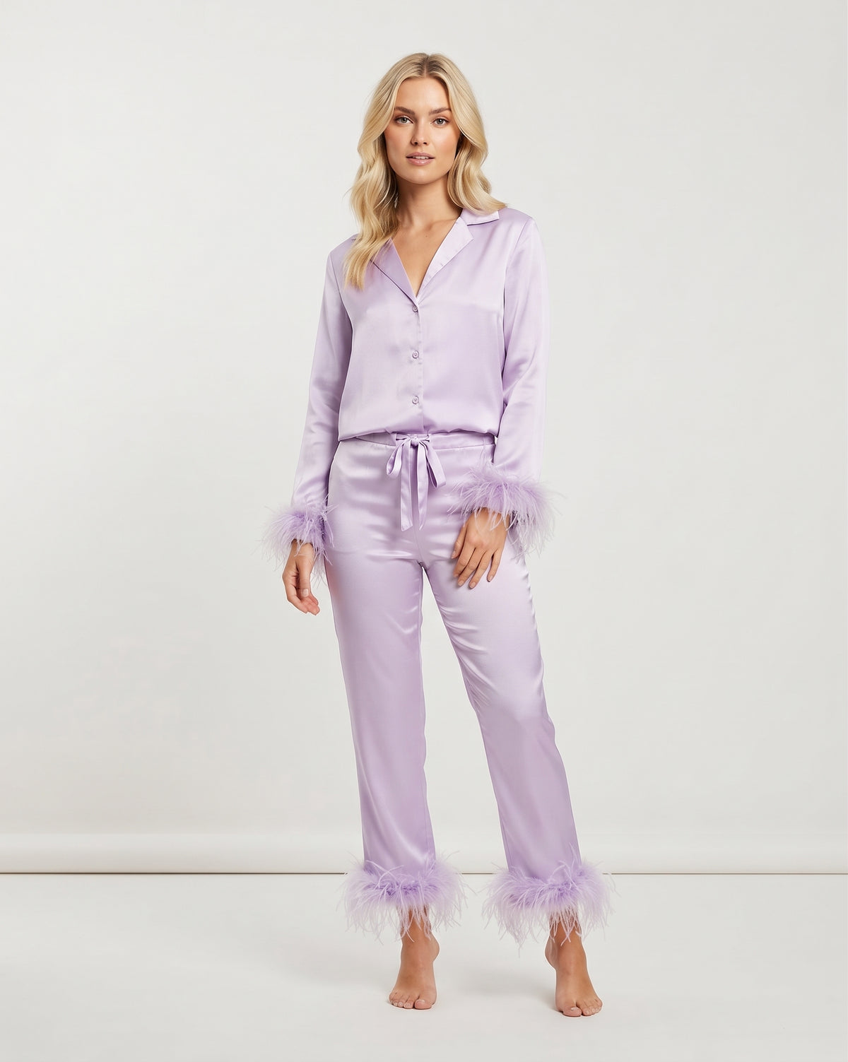 2 Piece Satin Set with Feather-Trimmed Top & Pants
