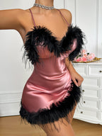 Coral Sexy Satin V-Neck Feather-Trimmed Nightgown for Women