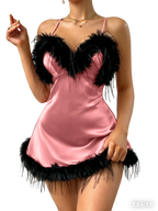 Coral Sexy Satin V-Neck Feather-Trimmed Nightgown for Women