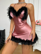 Coral Sexy Satin V-Neck Feather-Trimmed Nightgown for Women