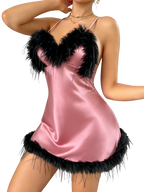 Coral Sexy Satin V-Neck Feather-Trimmed Nightgown for Women